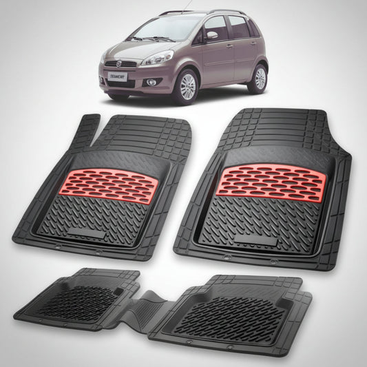 set de covorase din cauciuc negre cu accente rosii cu un fiat idea facelift mini mpv maro deschis in fundal