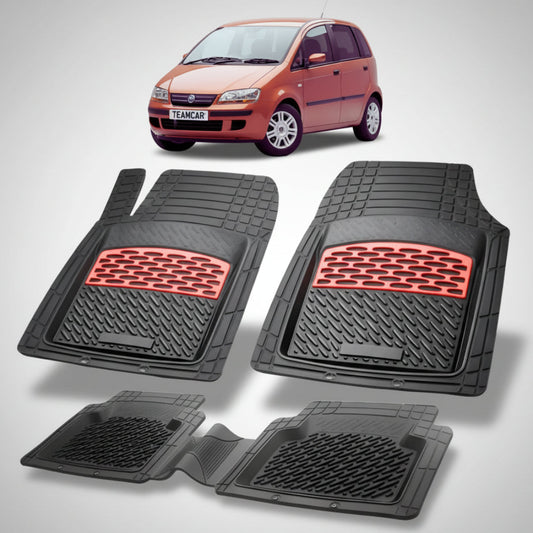 set de covorase din cauciuc negre cu accente rosii cu un fiat idea mini mpv maro in fundal