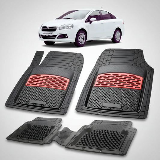 set de covorase din cauciuc negre cu accente rosii cu un fiat linea facelift sedan alb in fundal