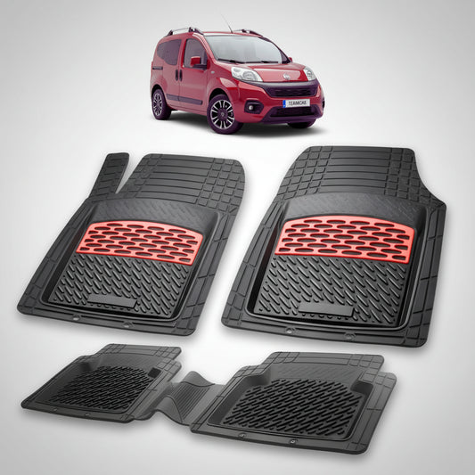 set de covorase din cauciuc negre cu accente rosii cu un fiat qubo facelift mpv  rosu in fundal