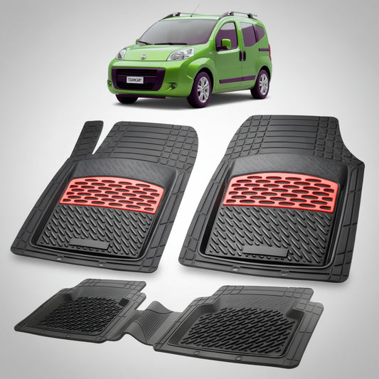 set de covorase din cauciuc negre cu accente rosii cu un fiat qubo mpv  verde in fundal
