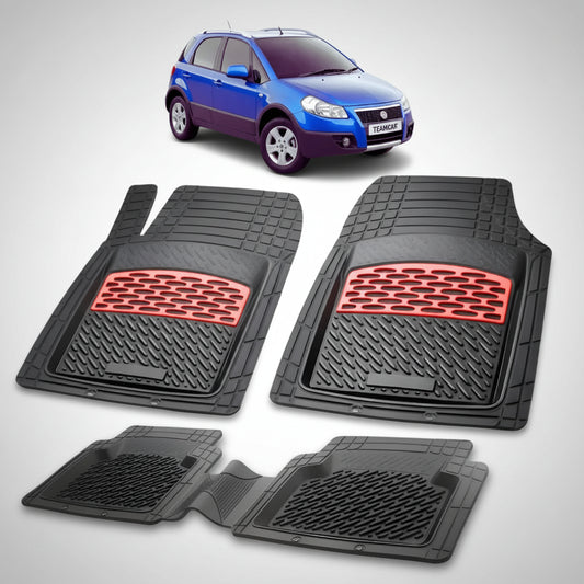 set de covorase din cauciuc negre cu accente rosii cu un fiat sedici suv albastru in fundal