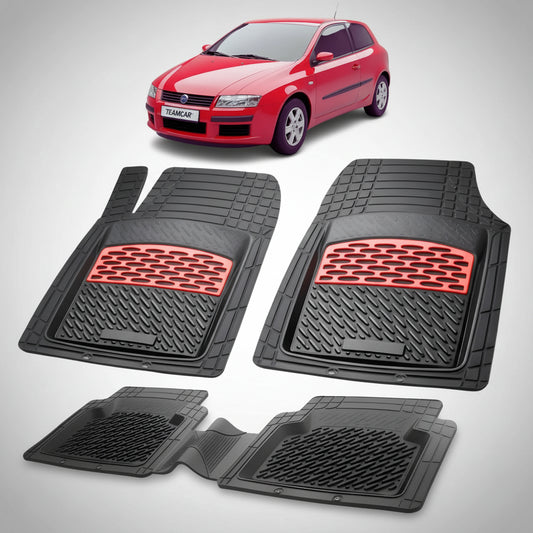 set de covorase din cauciuc negre cu accente rosii cu un fiat stilo hatchback facelift 3 usi rosu in fundal