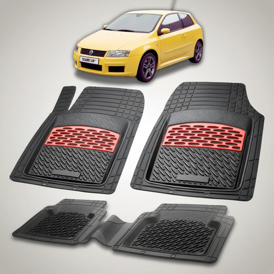 set de covorase din cauciuc negre cu accente rosii cu un fiat stilo hatchback 3 usi galben in fundal