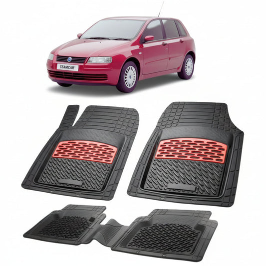 set de covorase din cauciuc negre cu accente rosii cu un fiat stilo hatchback facelift 5 usi rosu in fundal