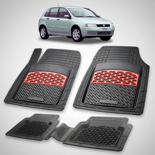 set de covorase din cauciuc negre cu accente rosii cu un fiat stilo hatchback 5 usi gri in fundal