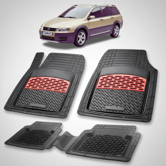set de covorase din cauciuc negre cu accente rosii cu un fiat stilo station wagon facelift maro deschis in fundal