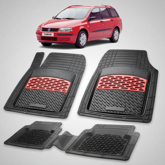 set de covorase din cauciuc negre cu accente rosii cu un fiat stilo station wagon rosu in fundal