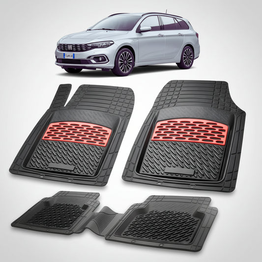 set de covorase din cauciuc negre cu accente rosii cu un fiat tipo facelift station wagon gri in fundal