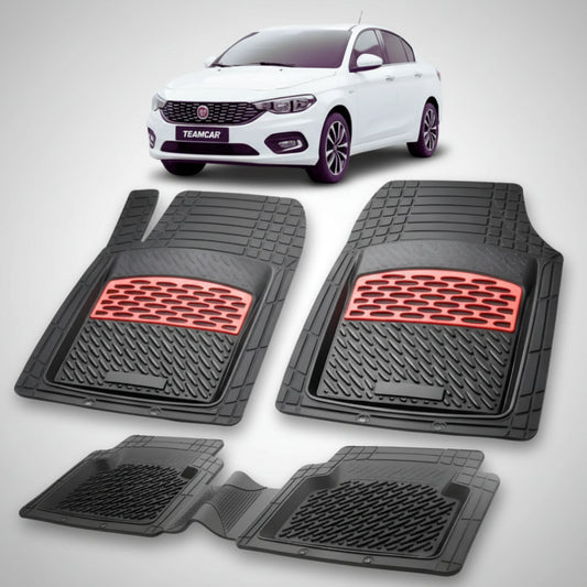 set de covorase din cauciuc negre cu accente rosii cu un fiat tipo sedan alb in fundal