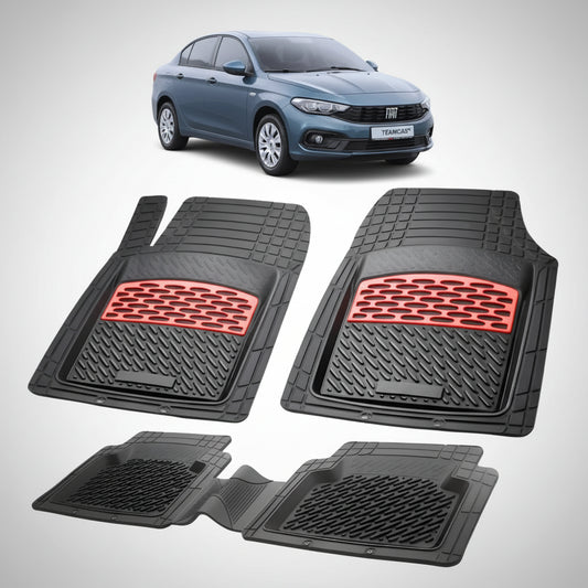 set de covorase din cauciuc negre cu accente rosii cu un fiat tipo sedan facelift bleu in fundal