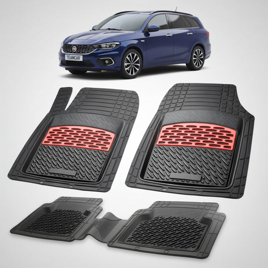 set de covorase din cauciuc negre cu accente rosii cu un fiat tipo station wagon gri in fundal