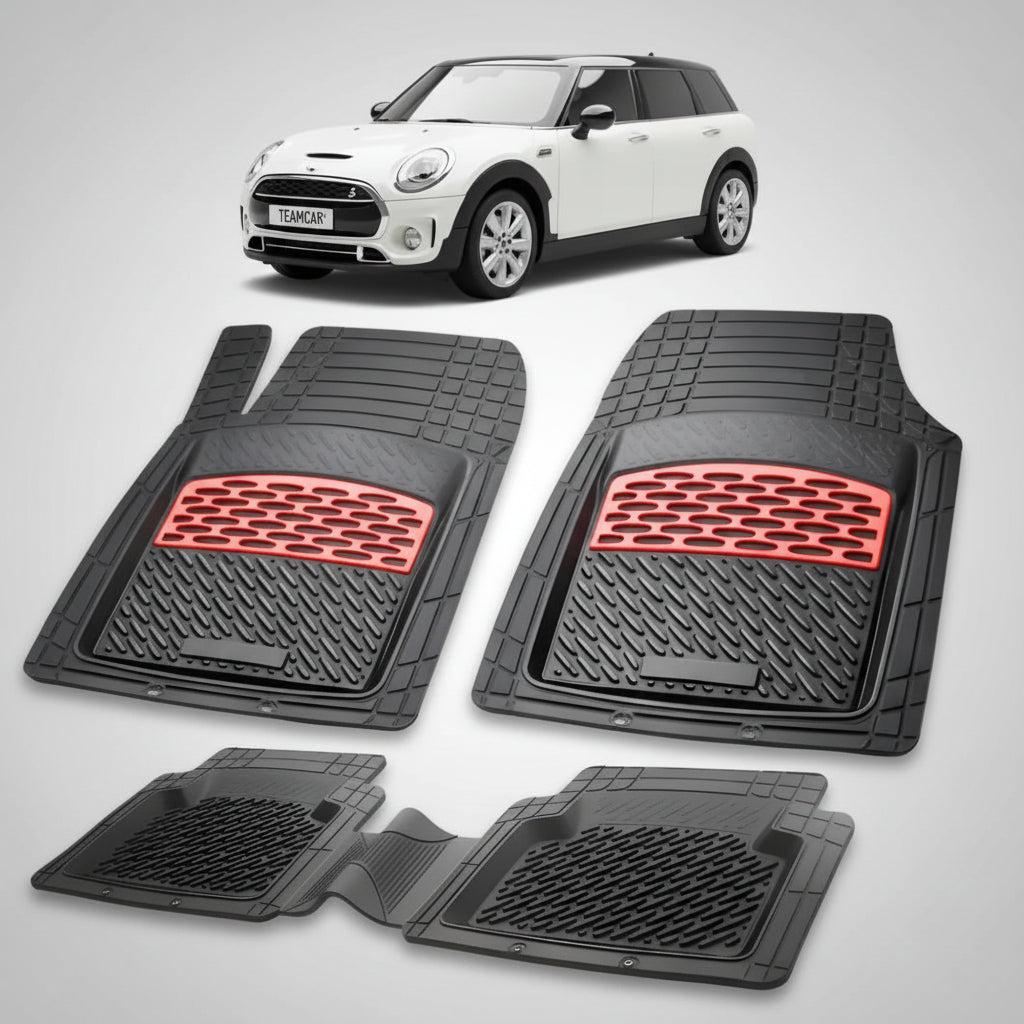 set de covorase din cauciuc negre cu accente rosii cu un mini clubman f54 alba in fundal