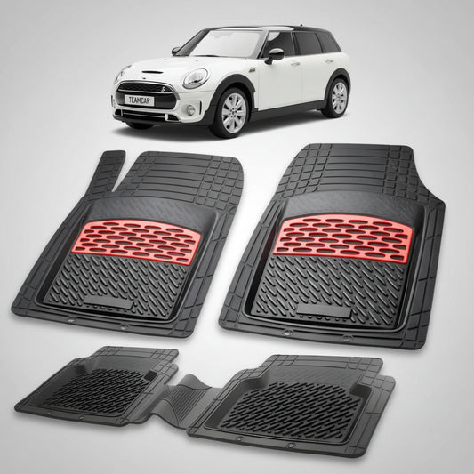 set de covorase din cauciuc negre cu accente rosii cu un mini clubman f54 alba in fundal