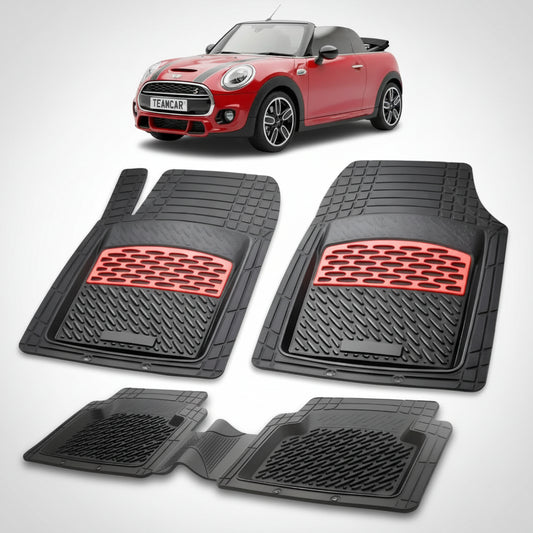 set de covorase din cauciuc negre cu accente rosii cu un mini convertible f57 rosie in fundal