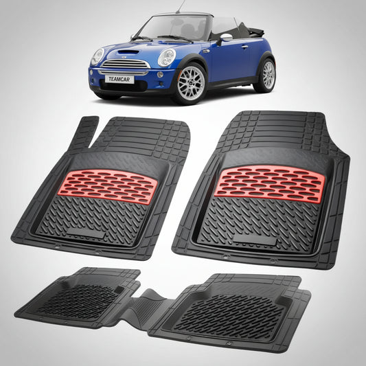 set de covorase din cauciuc negre cu accente rosii cu un mini convertible r52 albastra in fundal