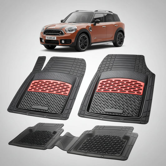 set de covorase din cauciuc negre cu accente rosii cu un mini countryman f60 maro in fundal