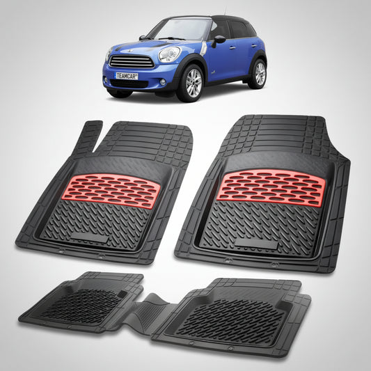 set de covorase din cauciuc negre cu accente rosii cu un mini countryman r60 suv albastru in fundal