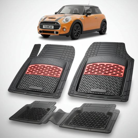 set de covorase din cauciuc negre cu accente rosii cu un mini hatchback f55 f56 portocalie in fundal