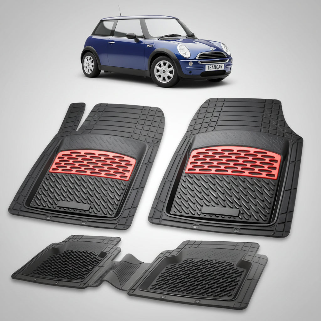 set de covorase din cauciuc negre cu accente rosii cu un mini hatchback r50 r53 albastru in fundal