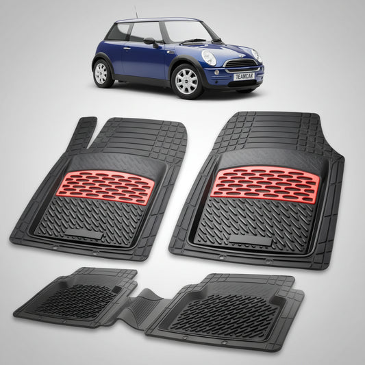 set de covorase din cauciuc negre cu accente rosii cu un mini hatchback r50 r53 albastru in fundal