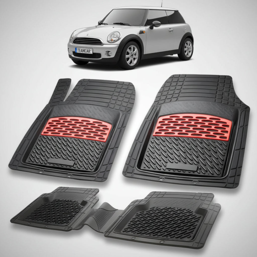 set de covorase din cauciuc negre cu accente rosii cu un mini hatchback r56 alb in fundal