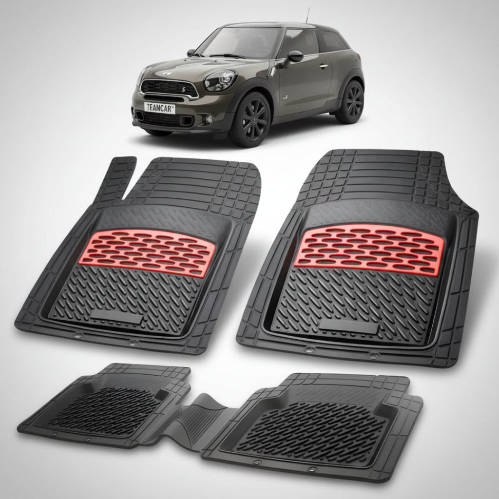 set de covorase din cauciuc negre cu accente rosii cu un mini paceman r61 gri inchis in fundal