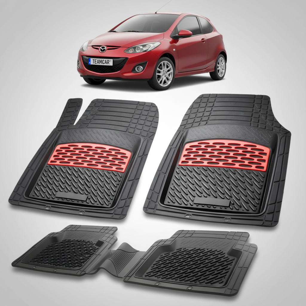 set de covorase din cauciuc negre cu accente rosii cu o mazda 2 de facelift hatchback 3 usi rosie in fundal