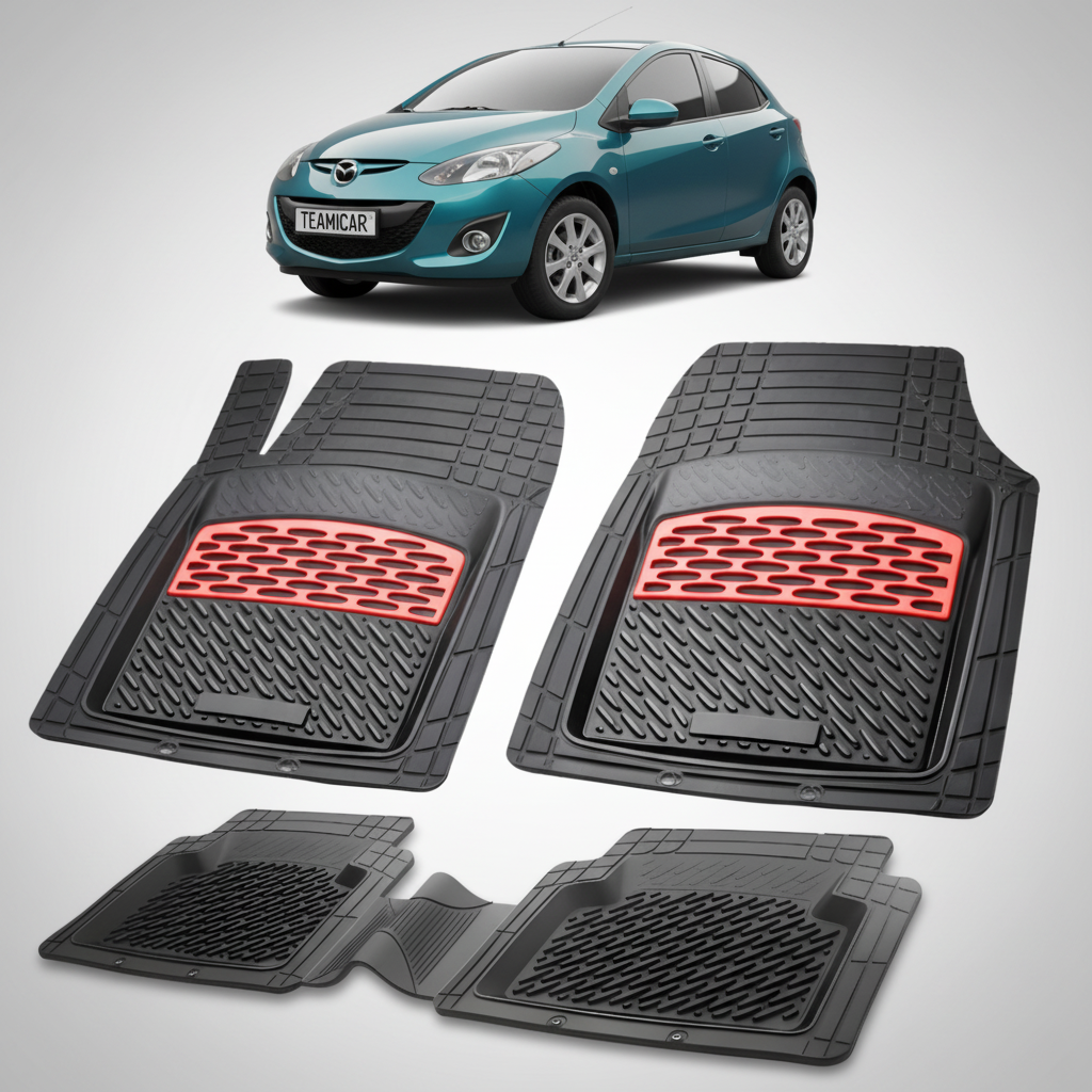 set de covorase din cauciuc negre cu accente rosii cu o mazda 2 de facelift hatchback 5 usi albastru verzui  in fundal