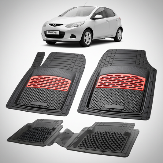 set de covorase din cauciuc negre cu accente rosii cu o mazda 2 de hatchback 5 usi argintiu in fundal