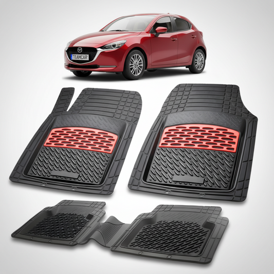 set de covorase din cauciuc negre cu accente rosii cu o mazda 2 dj facelift hatchback 5 usi rosie  in fundal