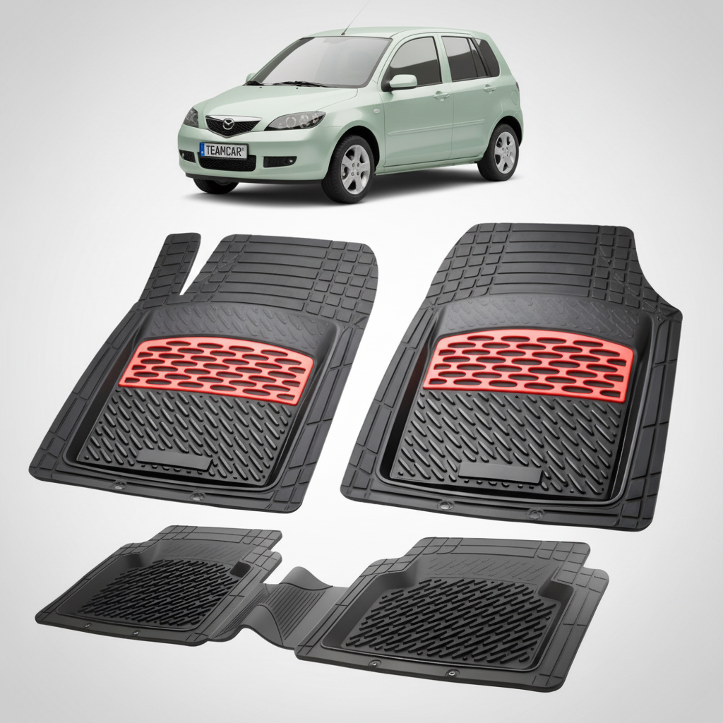 set de covorase din cauciuc negre cu accente rosii cu o mazda 2 dy hatchback 5 usi verde deschis in fundal