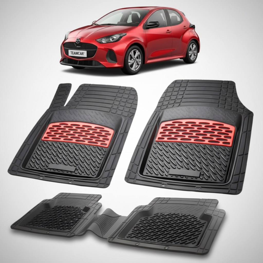 set de covorase din cauciuc negre cu accente rosii cu o mazda 2 hybrid xp210 facelift hatchback 5 usi rosie  in fundal