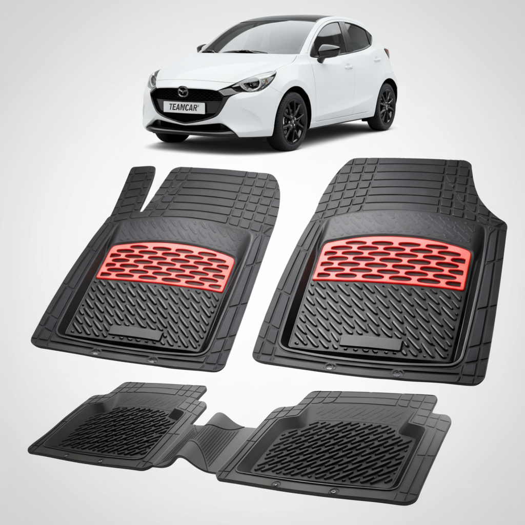 set de covorase din cauciuc negre cu accente rosii cu o mazda 2 hybrid xp210 hatchback 5 usi alba in fundal