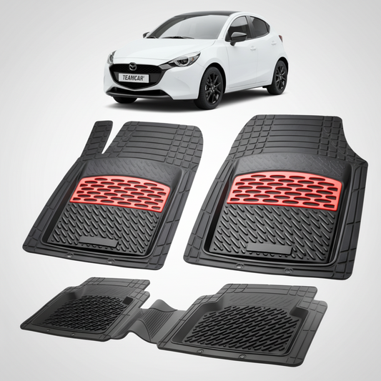set de covorase din cauciuc negre cu accente rosii cu o mazda 2 hybrid xp210 hatchback 5 usi alba in fundal