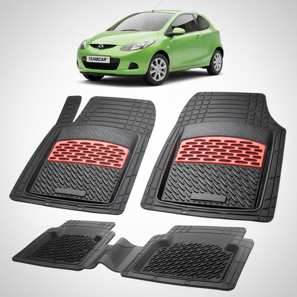 set de covorase din cauciuc negre cu accente rosii cu o mazda 2 generatia ii verde in fundal
