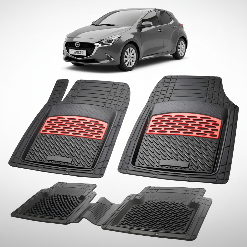 set de covorase din cauciuc negre cu accente rosii cu o mazda 2 generatia IV gri inchis in fundal