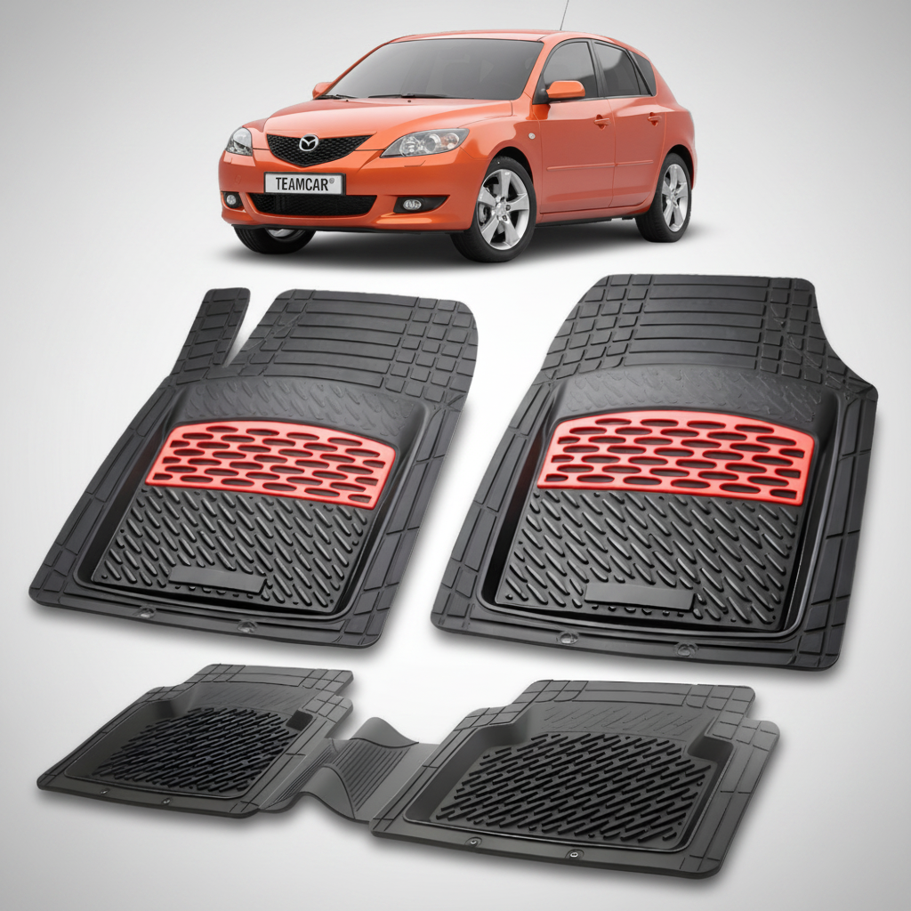 set de covorase din cauciuc negre cu accente rosii cu o mazda bk hatchback portocaliu metalizat in fundal
