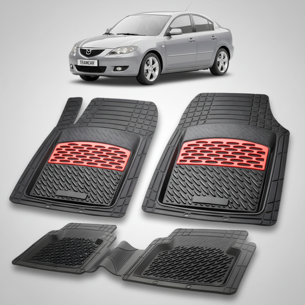 set de covorase din cauciuc negre cu accente rosii cu o mazda 3 bk sedan gri deschis in fundal
