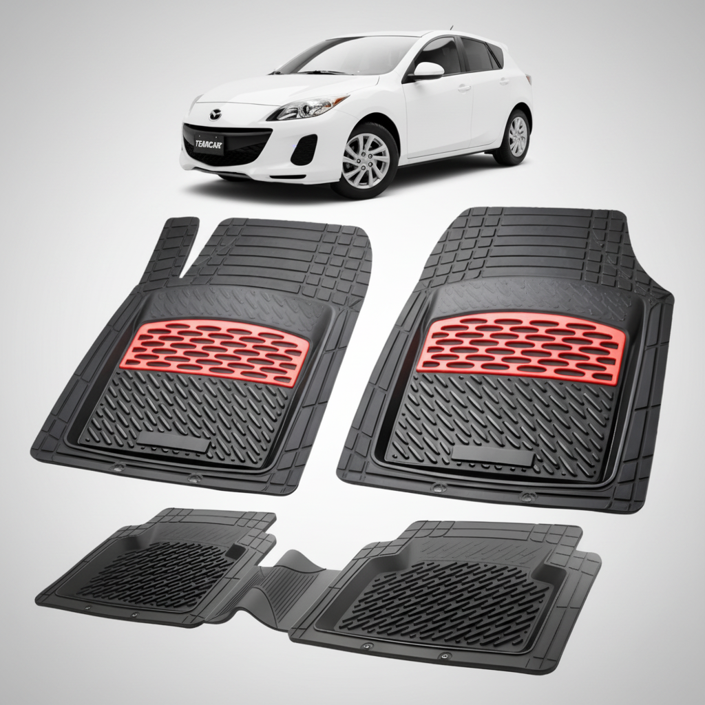 set de covorase din cauciuc negre cu accente rosii cu o mazda 3 bl facelift hatchback 5 usi alba in fundal