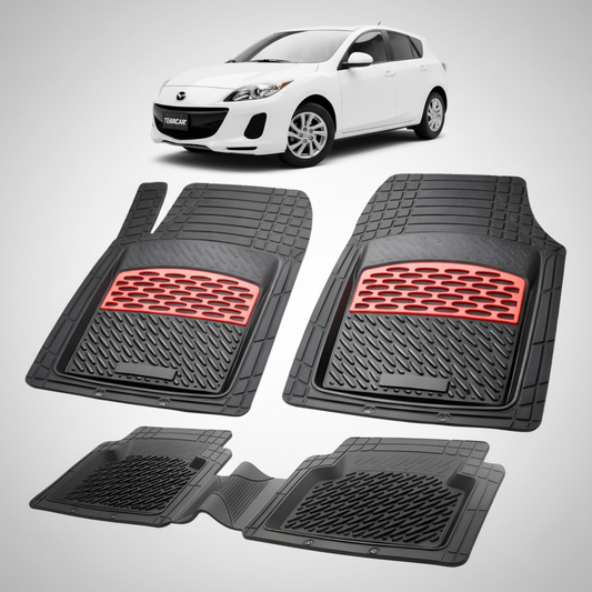 set de covorase din cauciuc negre cu accente rosii cu o mazda 3 bl facelift hatchback 5 usi alba in fundal