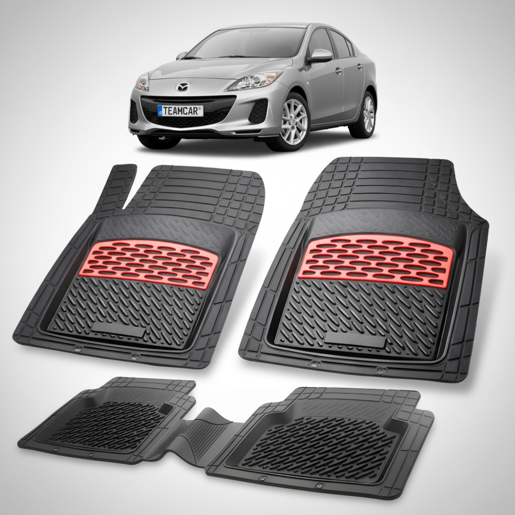 set de covorase din cauciuc negre cu accente rosii cu o mazda 3 bl facelift sedan gri inchis in fundal