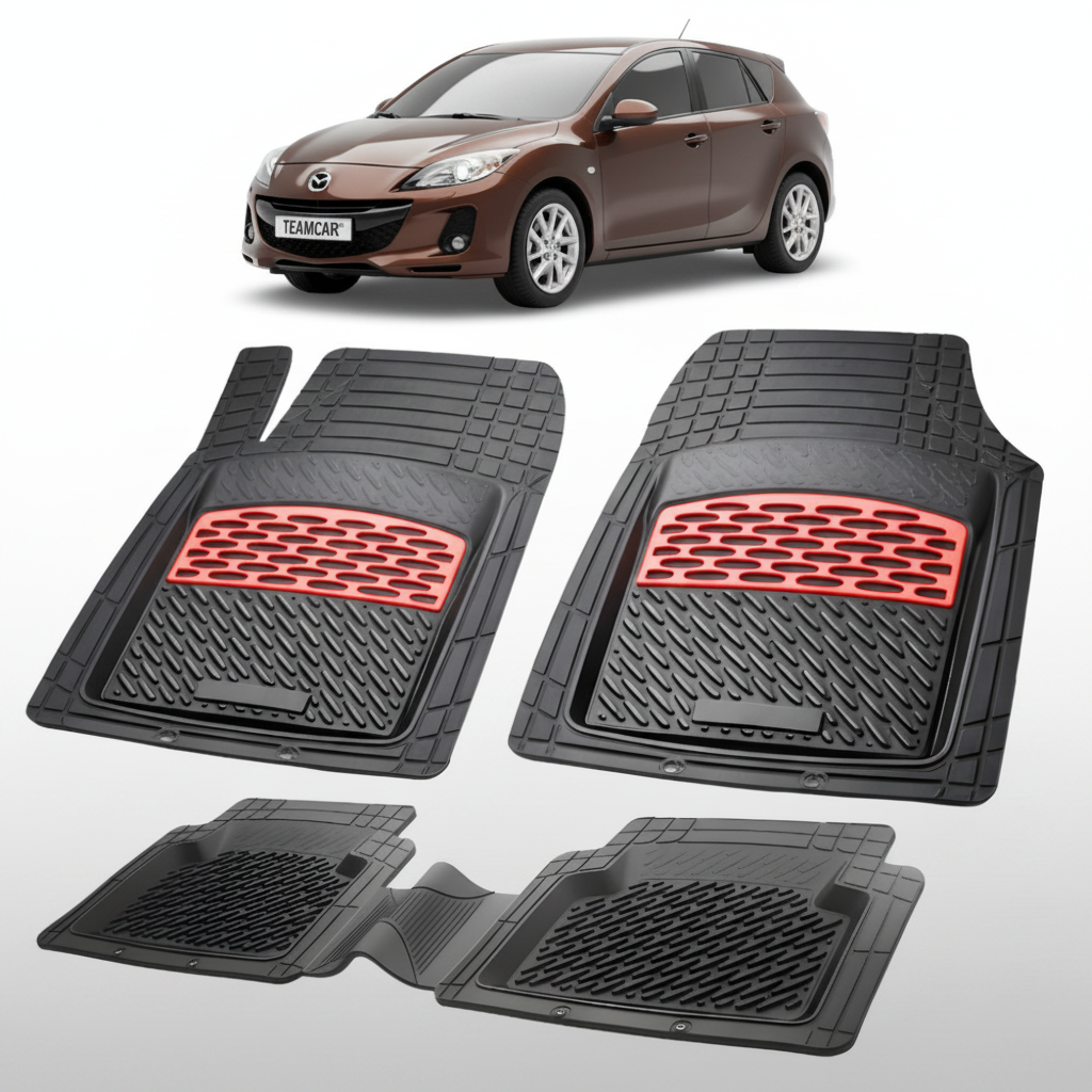 set de covorase din cauciuc negre cu accente rosii cu o mazda 3 bl hatchback maro in fundal