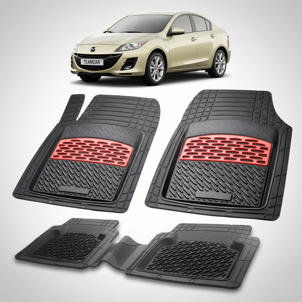 set de covorase din cauciuc negre cu accente rosii cu o mazda 3 bl sedan auriu in fundal
