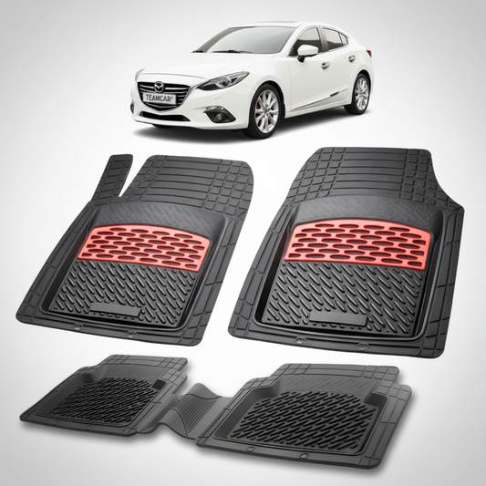 set de covorase din cauciuc negre cu accente rosii cu o mazda 3 bm/bn sedan alba in fundal
