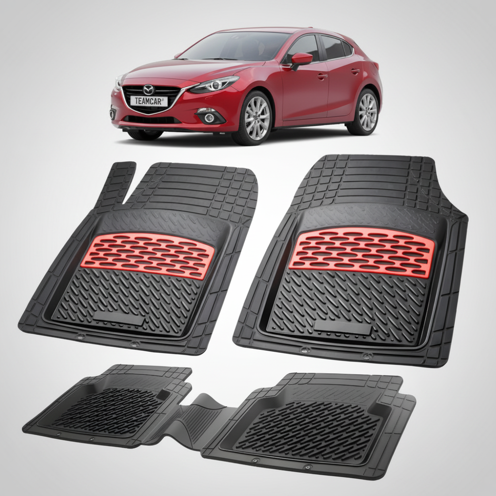 set de covorase din cauciuc negre cu accente rosii cu o mazda 3 bm/bn hatchback rosie in fundal