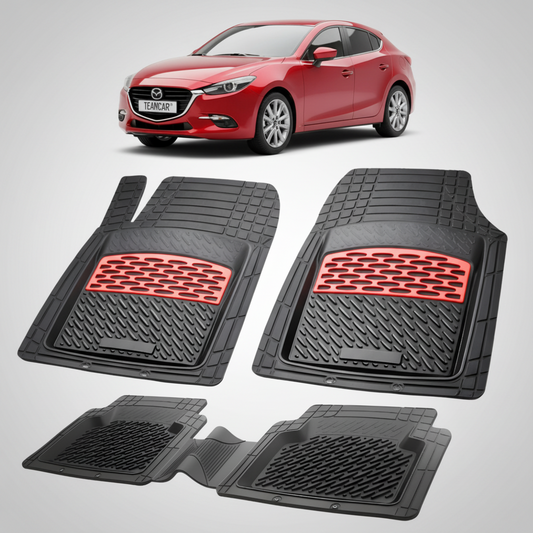 set de covorase din cauciuc negre cu accente rosii cu o mazda 3 bn facelift hatchback 5 usi rosie in fundal