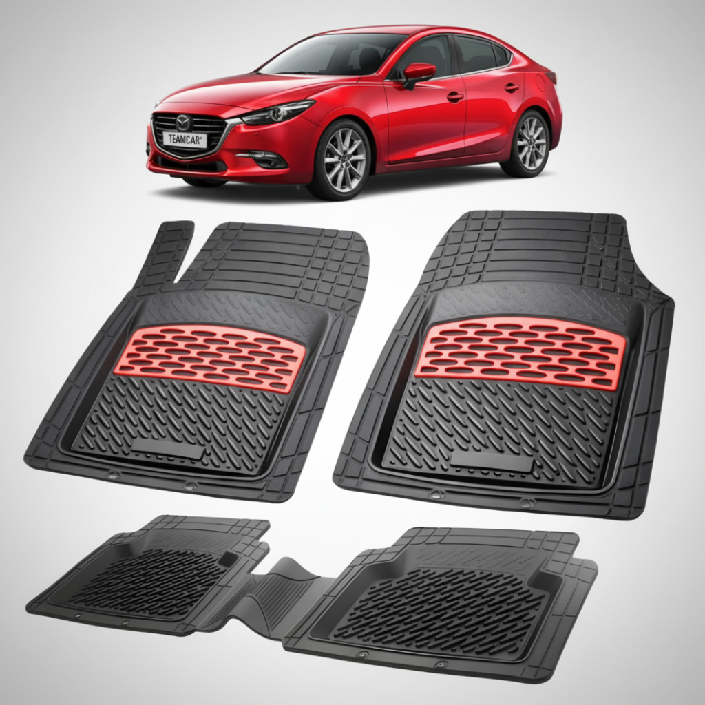 set de covorase din cauciuc negre cu accente rosii cu o mazda 3 bn facelift sedan rosie in fundal
