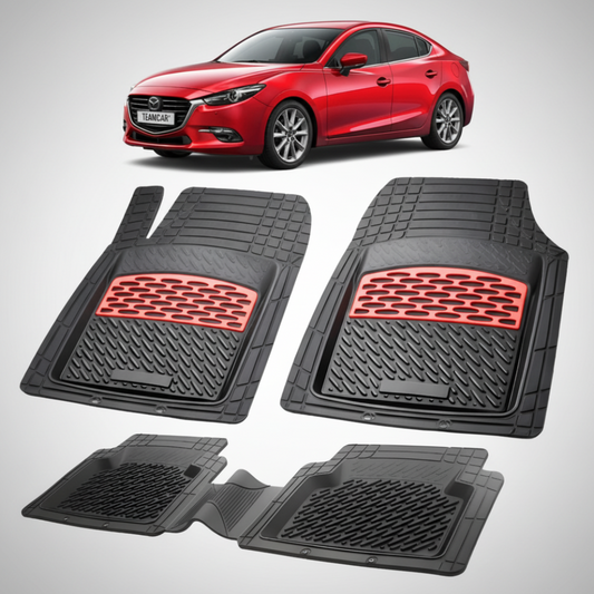 set de covorase din cauciuc negre cu accente rosii cu o mazda 3 bn facelift sedan rosie in fundal