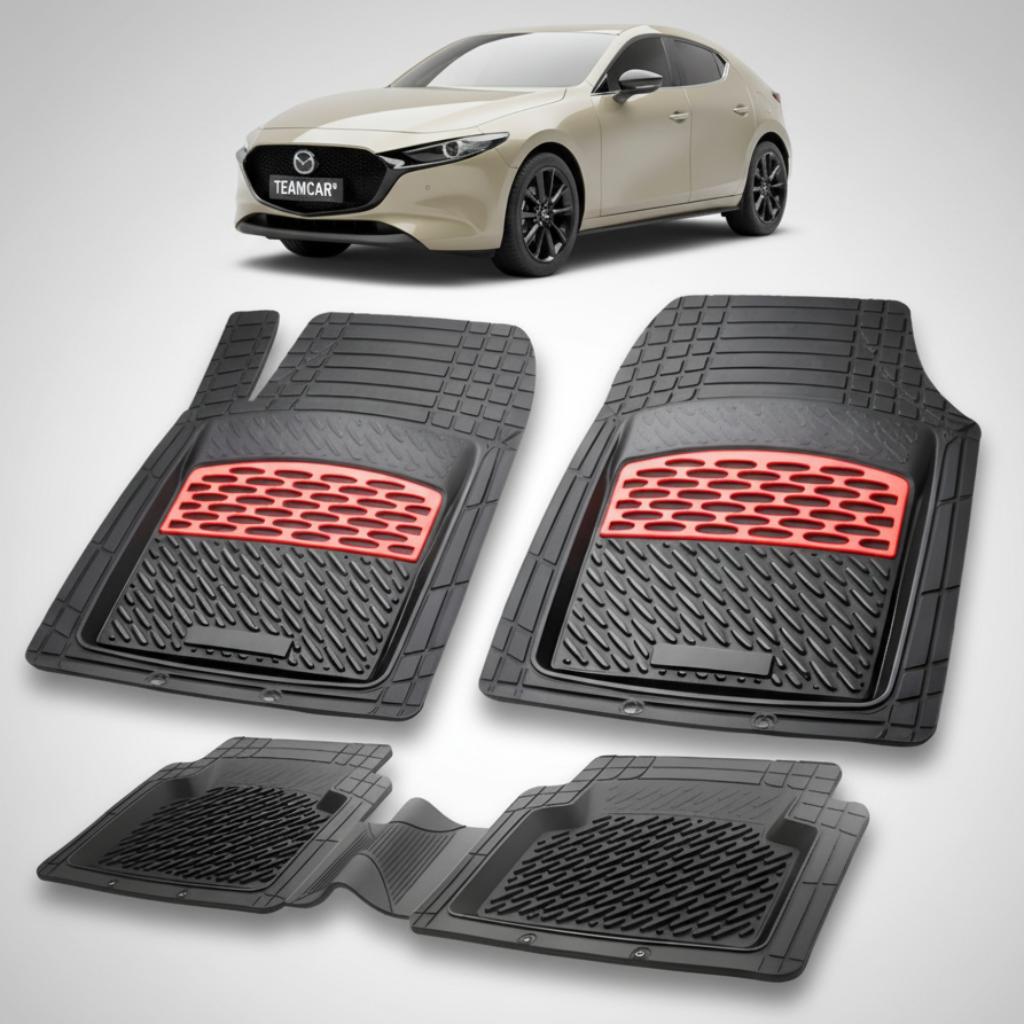 set de covorase din cauciuc negre cu accente rosii cu o mazda 3 bp facelift hatchback 5 usi bej-gri in fundal